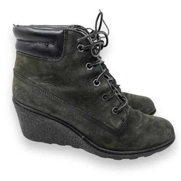 Timberland Womens Size 7 Black Leather Laces Wedge Ankle Casual Boots - Picture 1 of 10